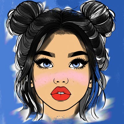 realistic girl with two buns on her hair and lips