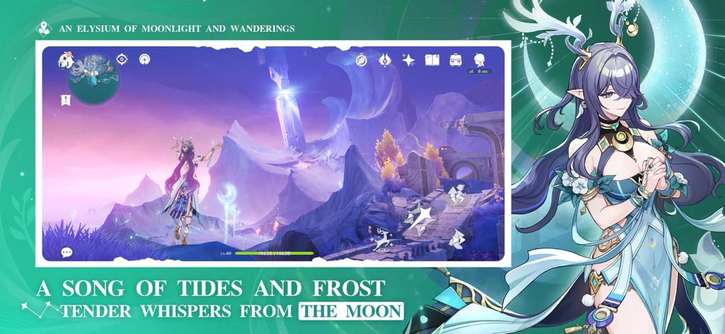 Gráfico promocional de Genshin Impact con un personaje de anime y un paisaje montañoso iluminado por la luna.