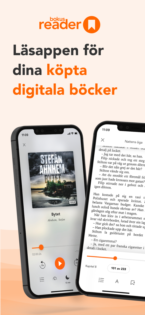 Bokus Reader mobile app showing e-book and audiobook features