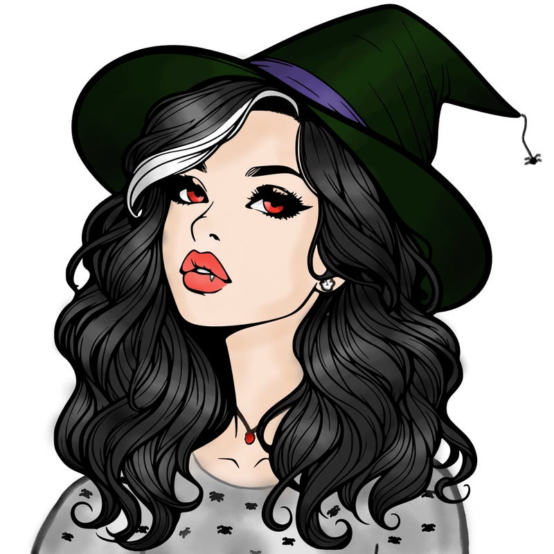 realistic witch girl with wavy hair and lips