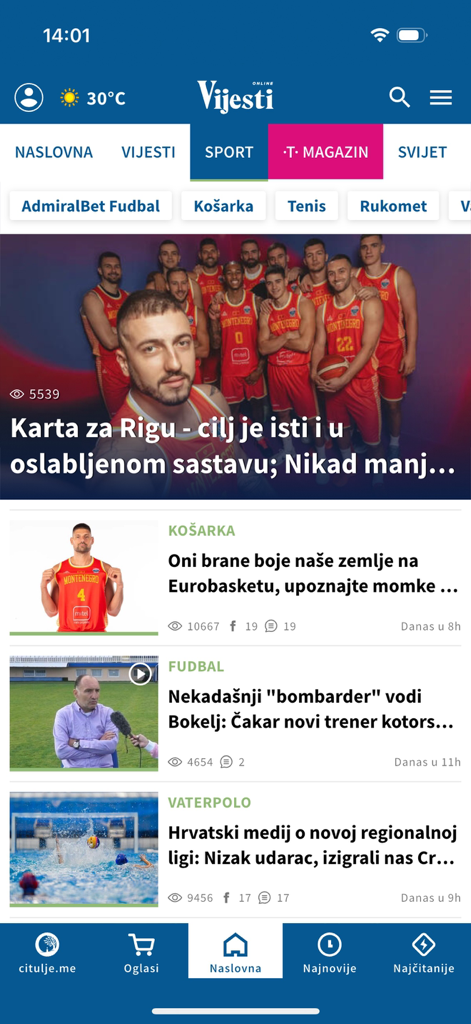 A seção de notícias desportivas do aplicativo móvel Vijesti exibindo manchetes de basquete e futebol em montenegrino.