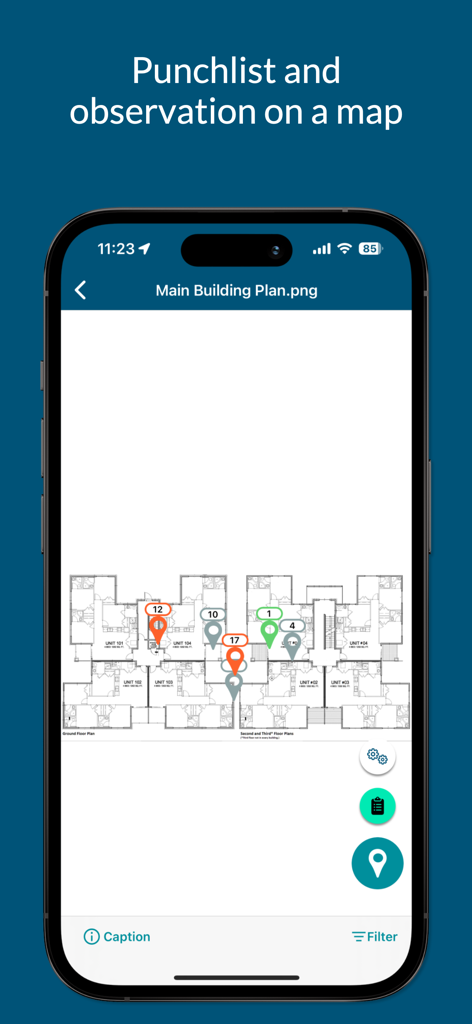 Bulldozair app displaying a building plan with punchlist observation pins