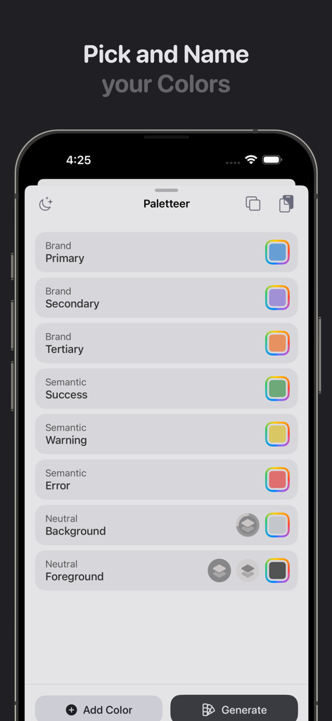 Paletteer Colors - Paletteer Colors app interface for naming brand and semantic UI colors on iPhone