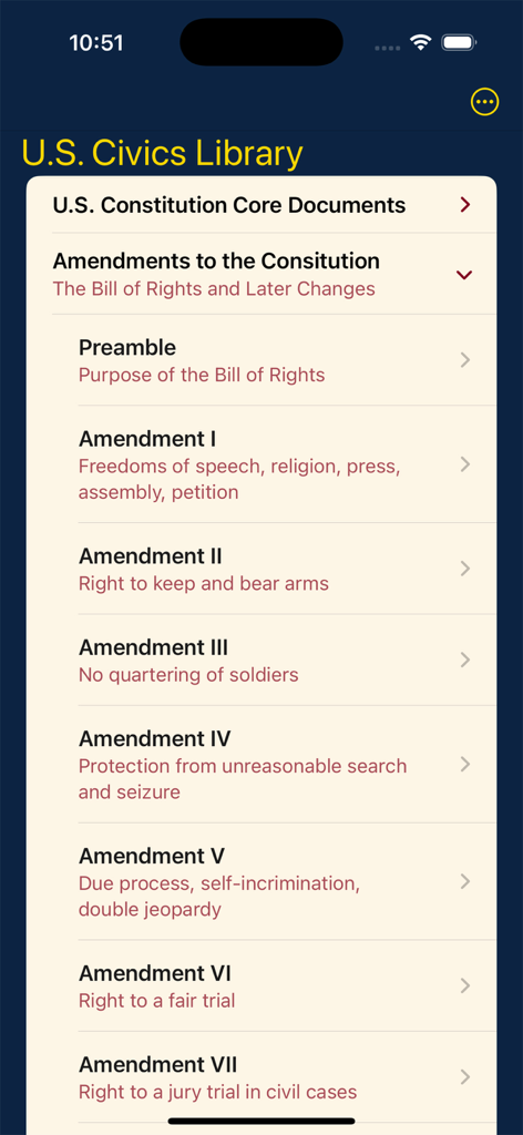 Mobile app screen showing a list of US Constitution amendments with brief descriptions