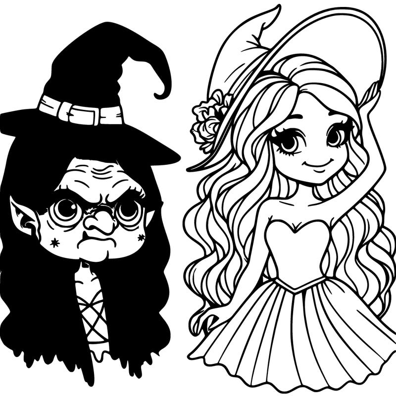 a beautiful pink witch and a green ugly witch