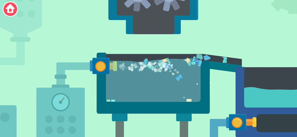 Écran de jeu éducatif montrant une machine de tri et de nettoyage des déchets animée pour le recyclage du plastique.