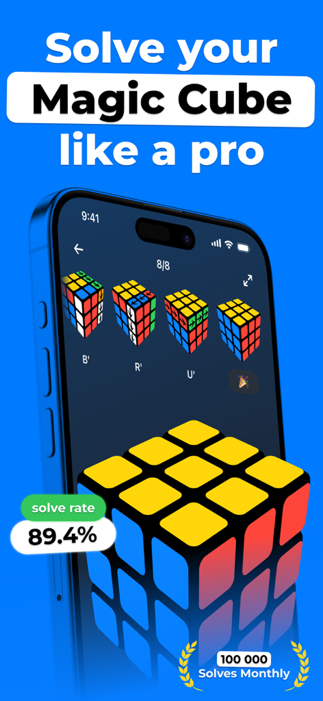 Mobile app interface with step-by-step Rubik's cube solving instructions.