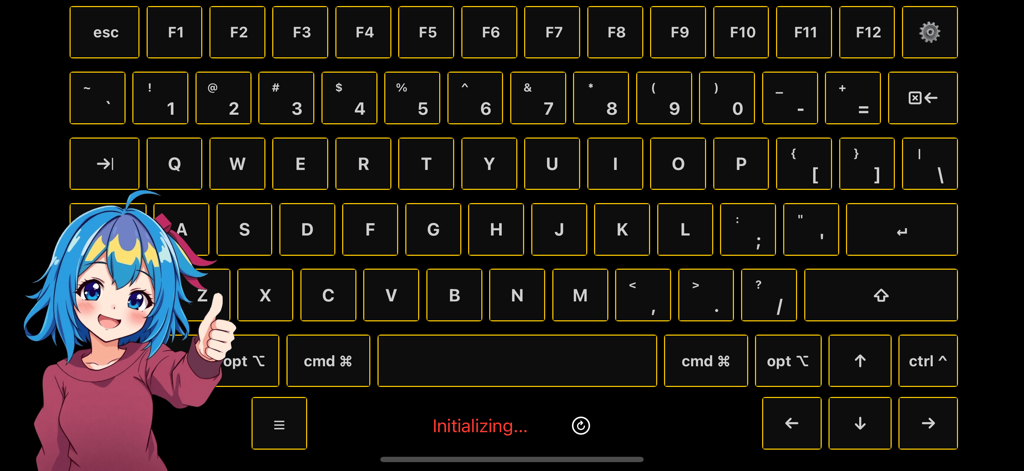 btkbd - Diseño de teclado virtual QWERTY completo de la aplicación btkbd con contornos amarillos sobre un fondo negro.