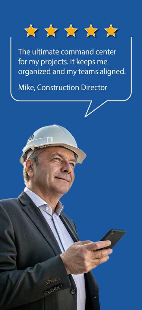 Construction Manager App - A construction director in a hard hat holding a smartphone with a five star review speech bubble.