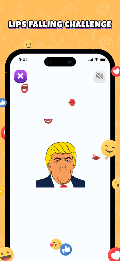 Gameplay of the Lips Falling Challenge featuring a cartoon celebrity in Face Mash app