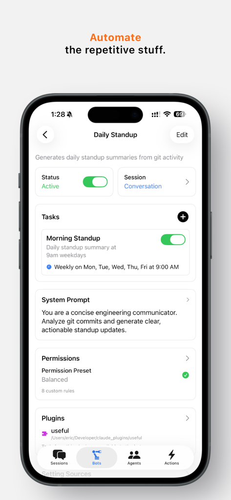 Remote Codetrol - Remote Codetrol app screen showing the configuration for a Daily Standup automation bot with task scheduling and system prompt settings