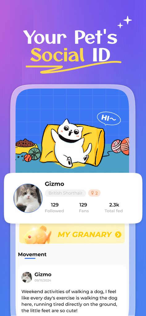 PairMate: Make aligned friends - A mobile app screen showing a pet profile for a cat named Gizmo with social statistics and a movement post