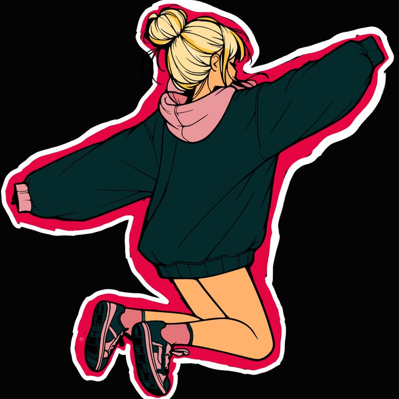 realistic girl jumping with a bun and oversized sweatshirt