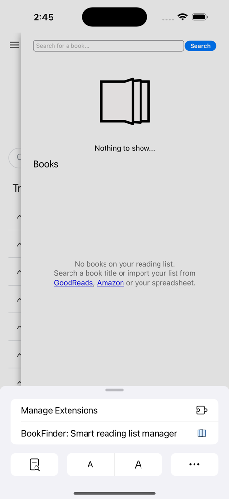 BookFinder: Smart Reading List - Interface of the BookFinder Safari extension showing an empty reading list and book search bar