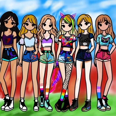 a group of girls wearing crop tops and shorts