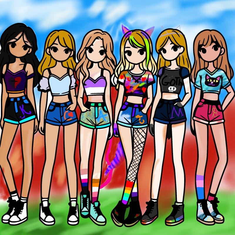 a group of girls wearing crop tops and shorts
