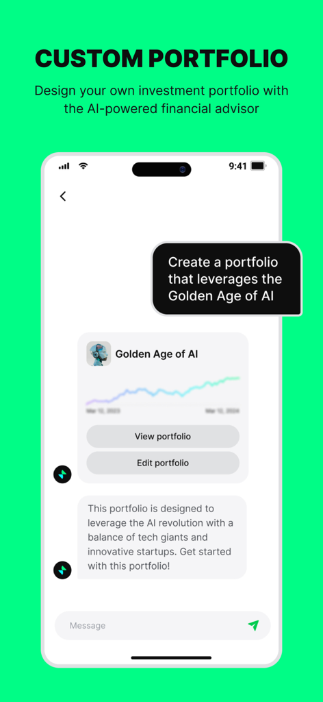 Streetbeat app interface showing a chat with an AI financial advisor to create a custom investment portfolio