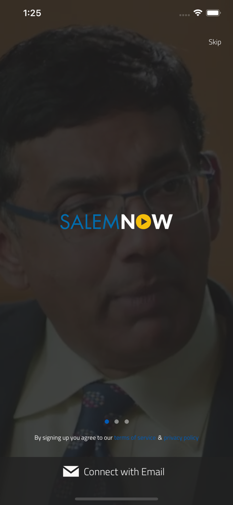 SalemNOW app onboarding screen with logo and email connection button