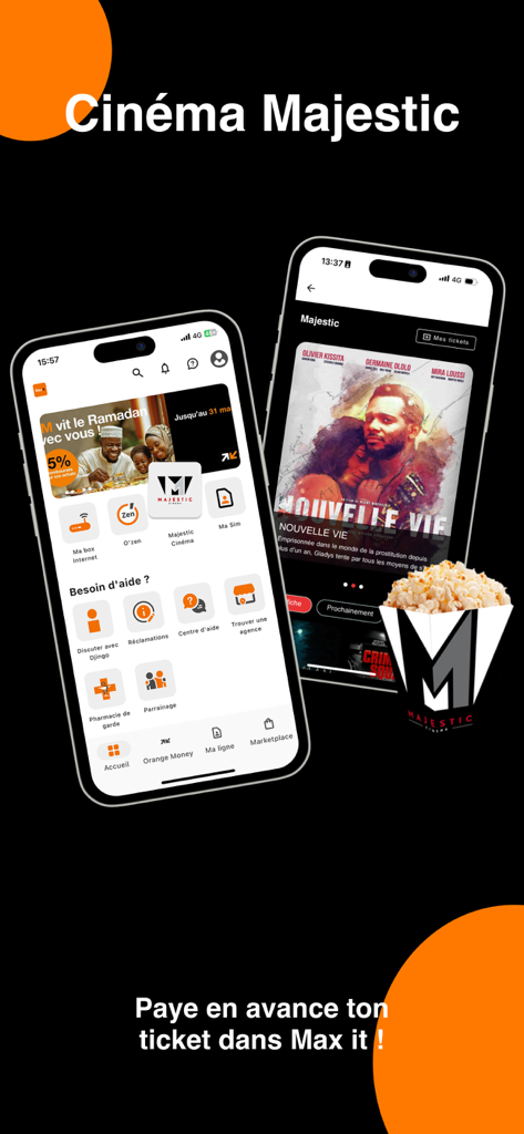 Deux smartphones affichant l'interface de l'application Orange Max it pour la réservation de billets de cinéma au Majestic en Côte d'Ivoire