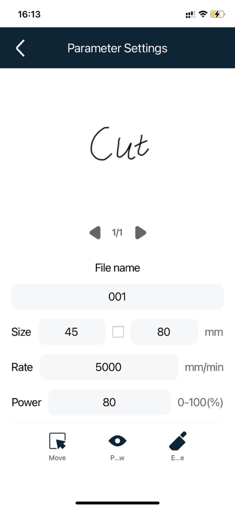 CutLabX - CutLabX mobile app interface for configuring laser engraving parameters including size speed and power
