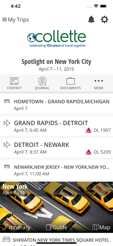 ColletteCompass - ColletteCompass app displaying a guided tour itinerary for New York City including flights transfers and hotel information