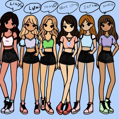 a group of girls wearing crop tops and shorts