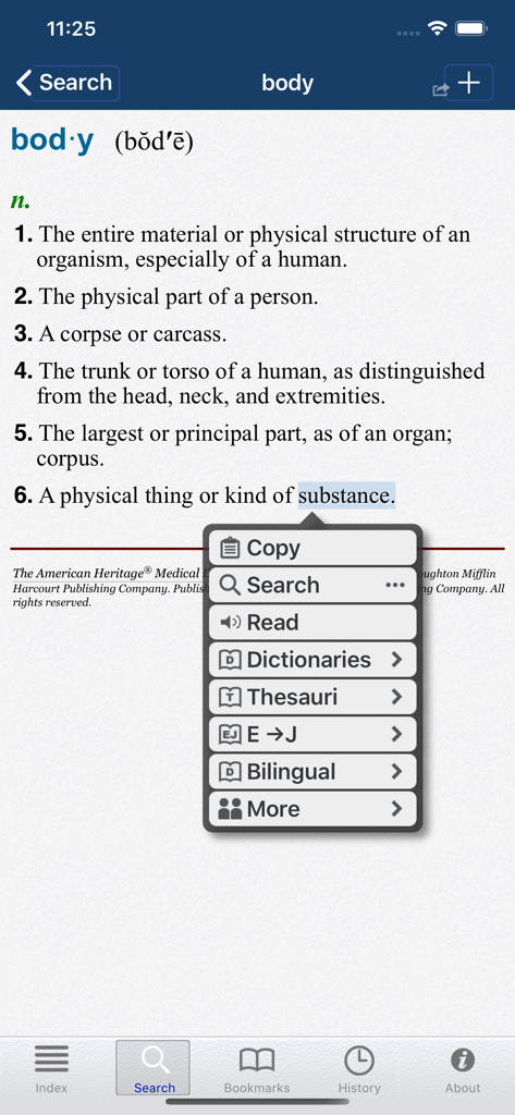 American Heritage® Medical - American Heritage Medical app showing a definition for the word body and a search menu