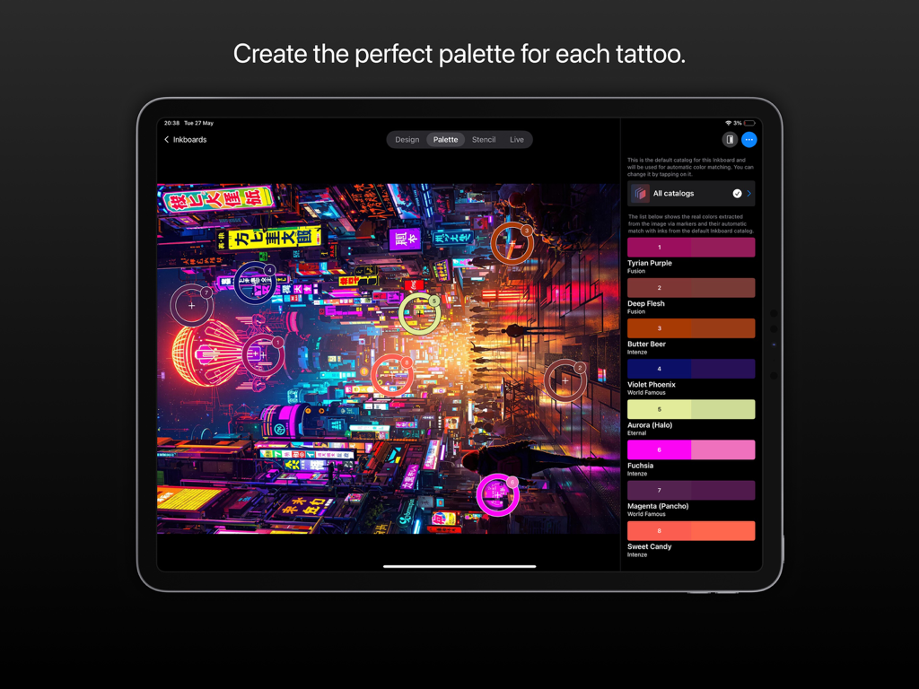 Inksquad Artist iPad 앱 인터페이스가 디지털 색상 팔레트 추출 및 전문 타투 잉크 브랜드와의 매칭을 보여줍니다.