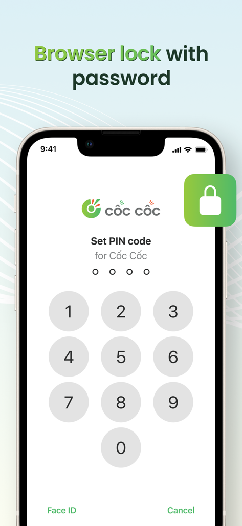 Cốc Cốc: Web Browser & Adblock - Pantalla de iPhone que muestra la función de bloqueo del navegador Cốc Cốc con un teclado de código PIN numérico para la seguridad de la aplicación