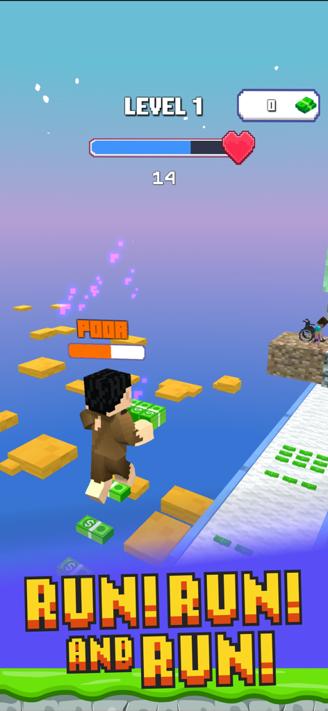 Craft Runner - Money Run 3D - Gameplay di Craft Runner Money Run 3D che mostra un personaggio a blocchi etichettato come povero che raccoglie pile di denaro su una pista di corsa.