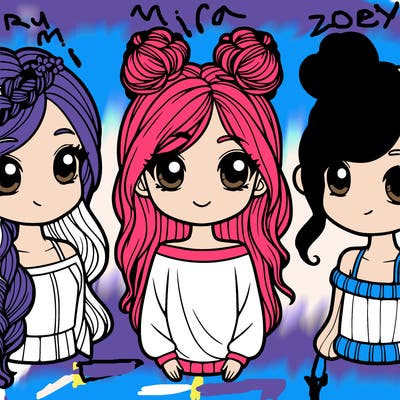 three girls one with long hair in a plait, one with her hair out and one with 2 buns
