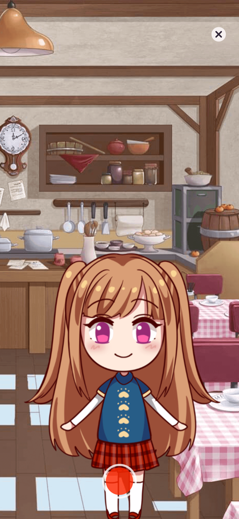 An anime girl avatar with brown pigtails in a cozy kitchen and cafe background