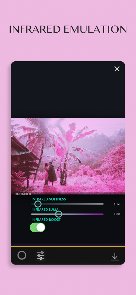 App Full Spectrum Camera che mostra l'editing di emulazione infrarossa con vegetazione rosa e cursori di regolazione.