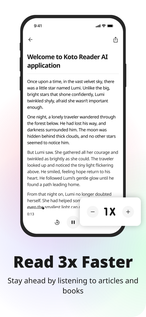 Koto AI Reader: Text To Speech - Interfaz de la aplicación Koto AI Reader con controles de reproducción de texto a voz y ajuste de velocidad.
