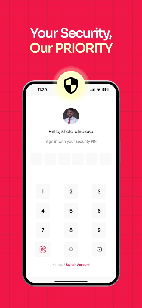 YangaPlug - Pay and Earn - YangaPlugアプリのセキュリティログイン画面。PIN入力用の数字キーパッドとユーザープロファイル画像が表示されています。