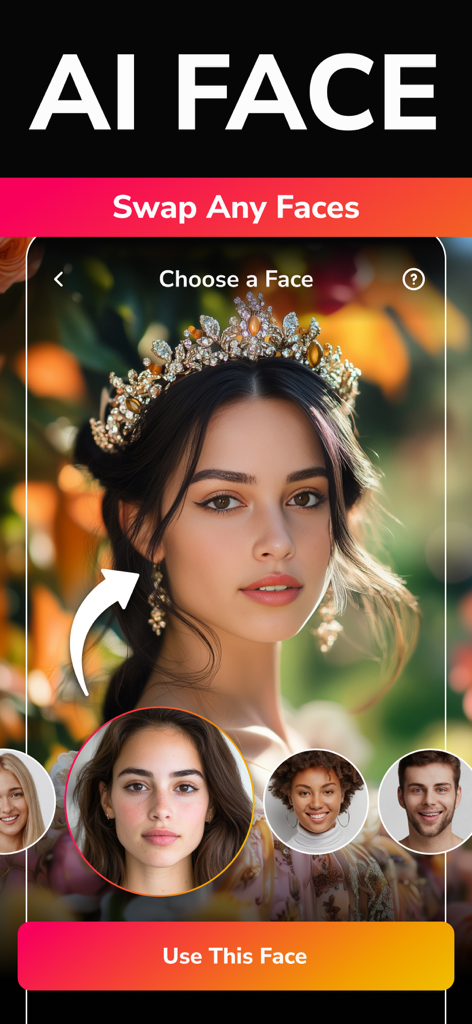 Swappy: Face Swap AI Generator - Swappy app interface showing AI face swap feature with a woman in a royal crown and multiple face options to select.