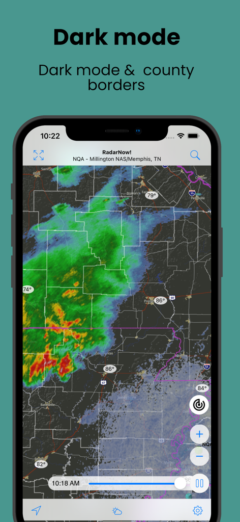 RadarNow weather app screenshot displaying dark mode radar map with county lines and storm cells