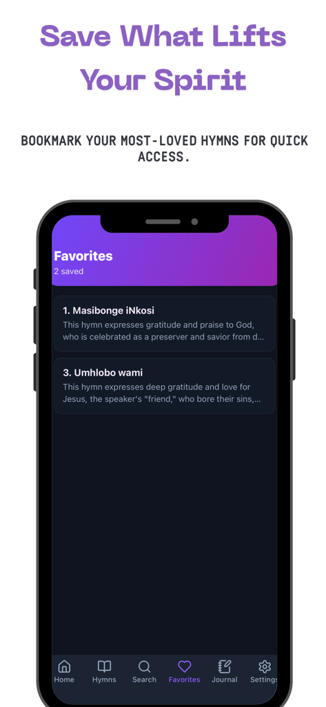 Favorites screen of the Icilongo Zulu Hymn Journal app showing bookmarked hymns