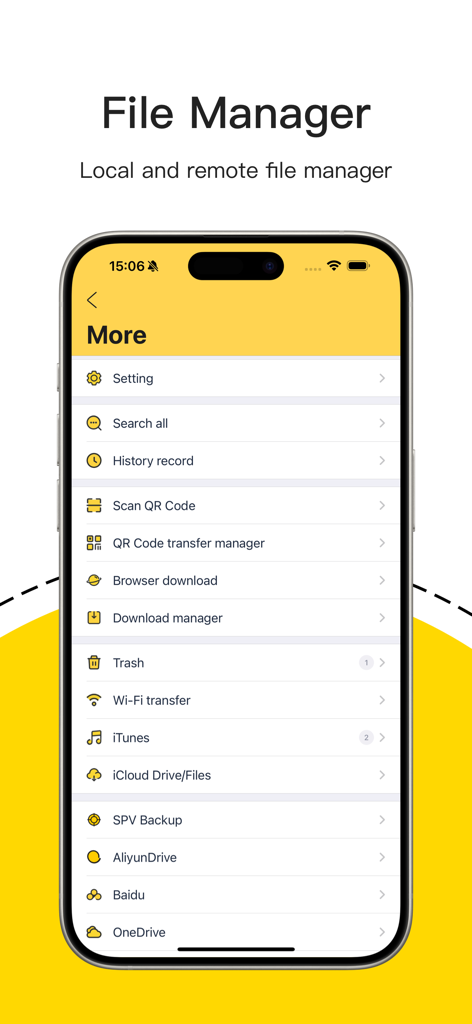 Unzip app file manager menu showing cloud storage and transfer options on an iPhone screen