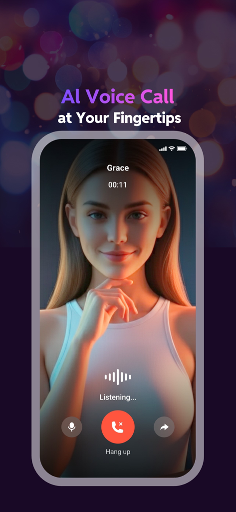 Linky AI: Chat, Play, Connect - Oberfläche, die einen aktiven KI-Anruf mit einem virtuellen Charakter namens Grace zeigt