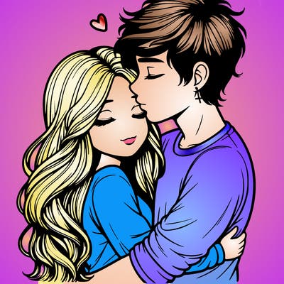 a realistic couple boy and girl hugging and kissing