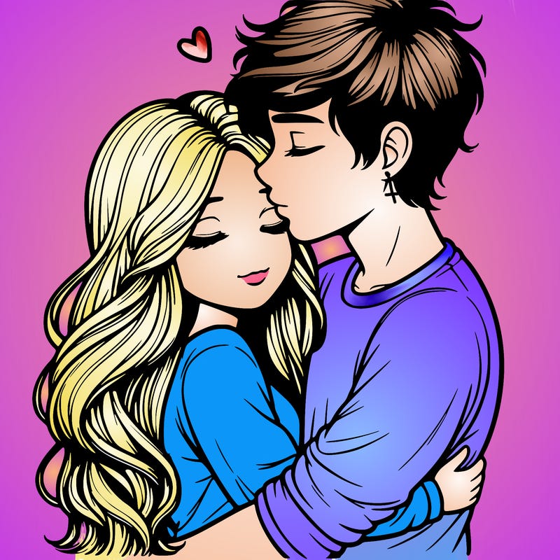 a realistic couple boy and girl hugging and kissing