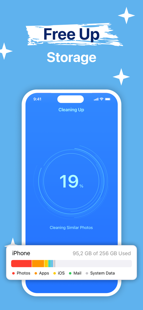 Phone Cleaner - Clean Up - Smartphone screen showing Phone Cleaner app processing similar photos to free up storage space