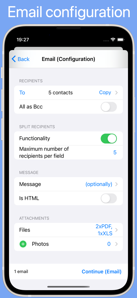 GroupsPro - Interfaz de la aplicación GroupsPro para configurar ajustes de correo electrónico masivo con opciones para destinatarios, CCO, formato HTML y archivos adjuntos en PDF o Excel.