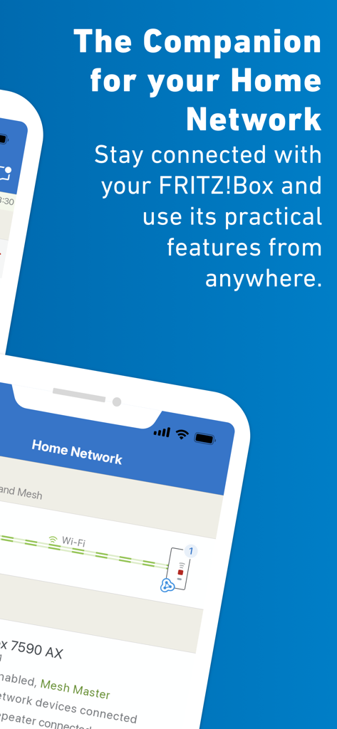 MyFRITZ!App - Pantalla de smartphone que muestra la interfaz de gestión de red doméstica y mesh de MyFRITZ!App