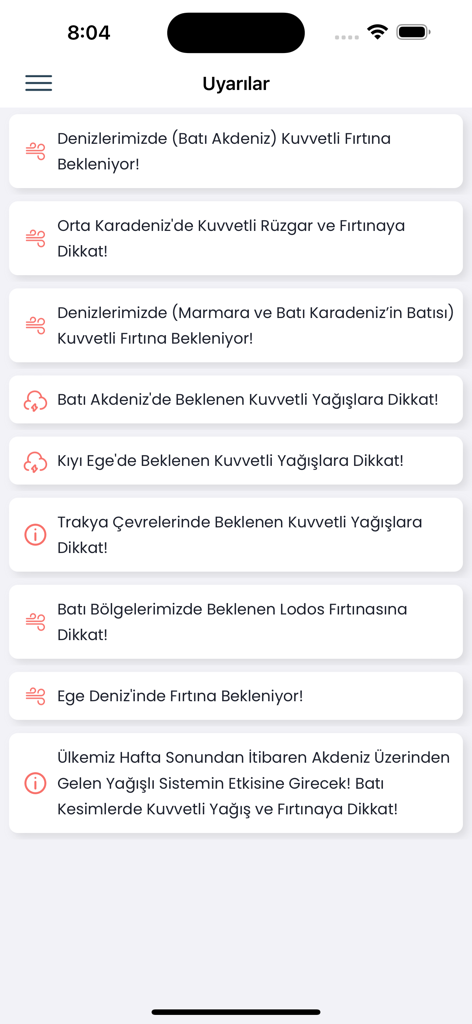 Hava Durumu Meteoroloji - Official weather warnings screen from the Hava Durumu Meteoroloji app showing regional meteorological alerts