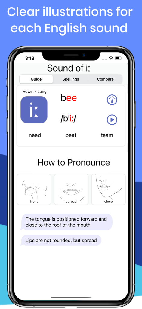 Speakometer-Accent Training AI - Speakometer app screen displaying mouth position diagrams and guidance for pronouncing English sounds