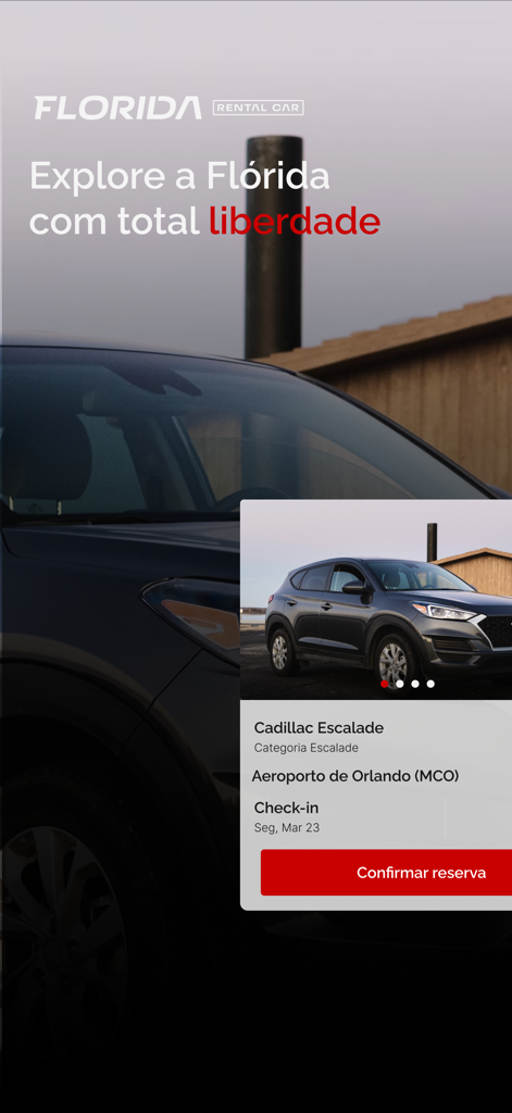 Interface do aplicativo Florida Rental Car mostrando uma reserva de carro para o Aeroporto de Orlando com um botão de confirmar reserva.