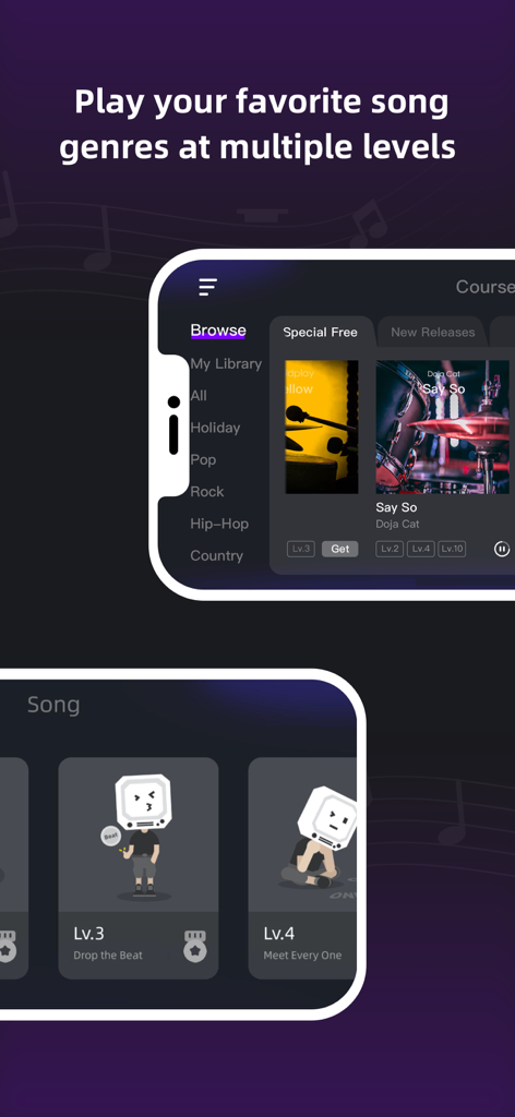 InstaDrum - Be a Drummer Now - InstaDrum app interface showing song genres and gamified drum lesson levels