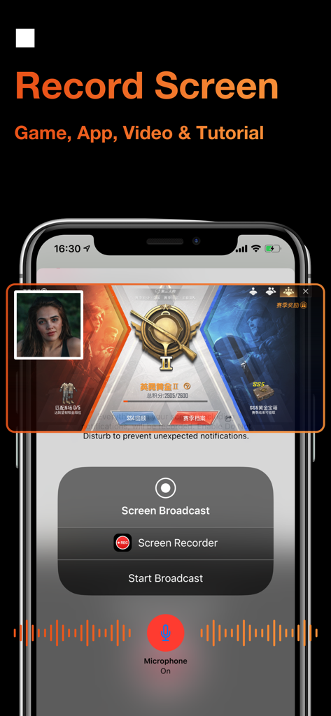 Screen Recorder ° - Screen recording of a mobile game with FaceCam reaction and microphone active.